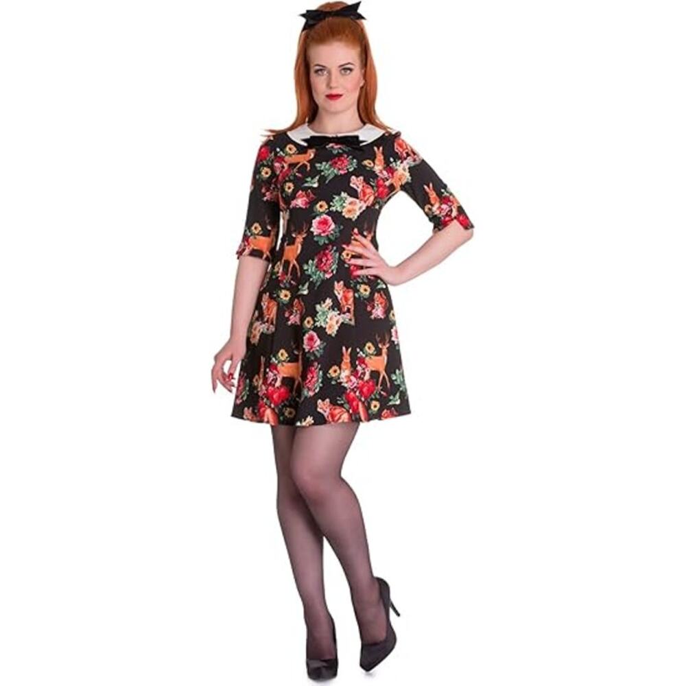 Hell Bunny Vixen Woodland Creature Fox Deer Floral Peter Pan Collar Dress Retro - Picture 10 of 10